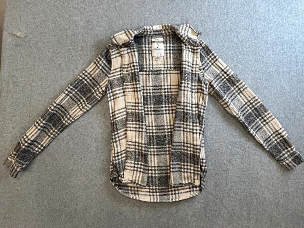 American Eagle Outfitters Mens XS Slim Fit Flannel Plaid Long Sleeve Gray Cream
